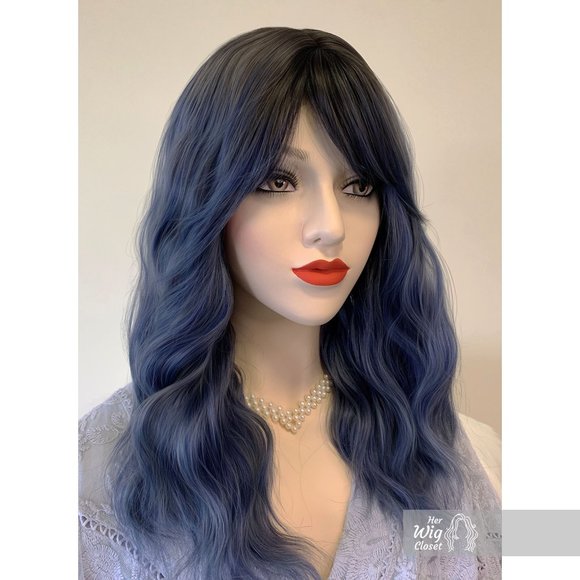 Dark Brown Ash Blue Gray Ombre Wavy Wig with Bangs | Odeta - Picture 1 of 4